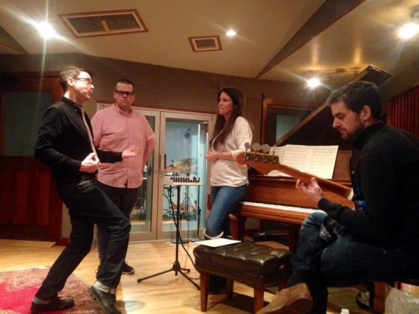 Recording sessions Judy Garland project with album producer Richard Barone, Drummer Arron Kimmel and bassist/guitarist Paul Gill (Photo by my guest Kimberly Loeffler-Jan 8, 2015)